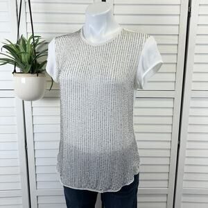 L'AGENCE Beaded Striped‎ Silk Viscose Cream Blouse Top Short Cap Sleeves Size 2